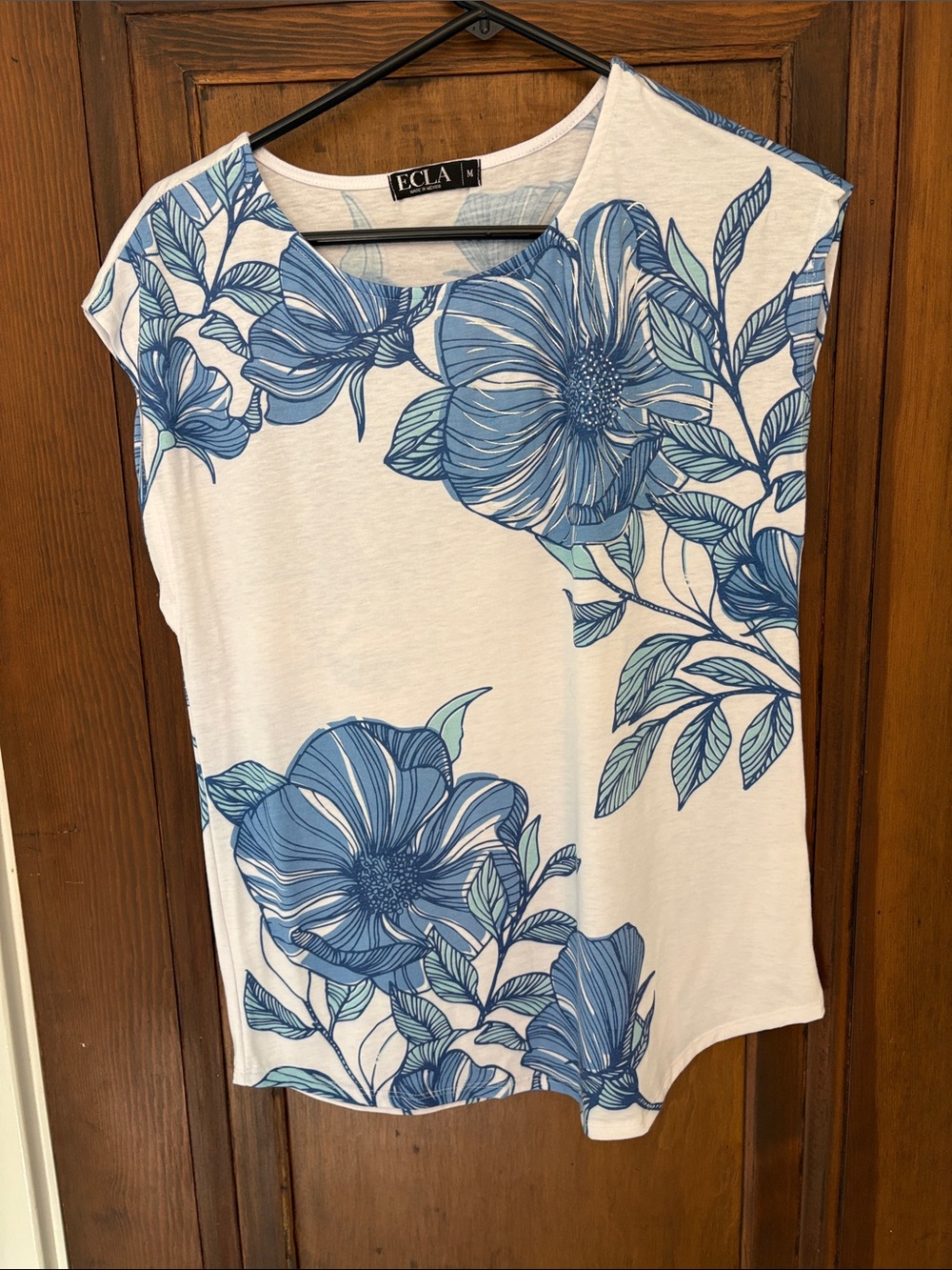 White & Blue Floral Cap-Sleeve Top